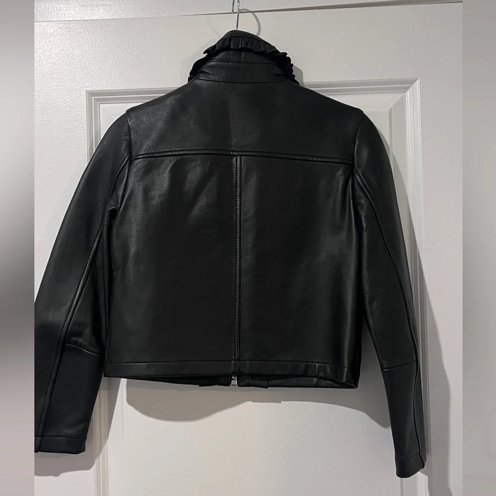 Maje Black Leather Ruffled Jacket - Picture 7 of 11